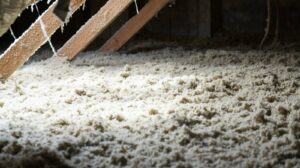 Isolation en fibres dans un grenier.