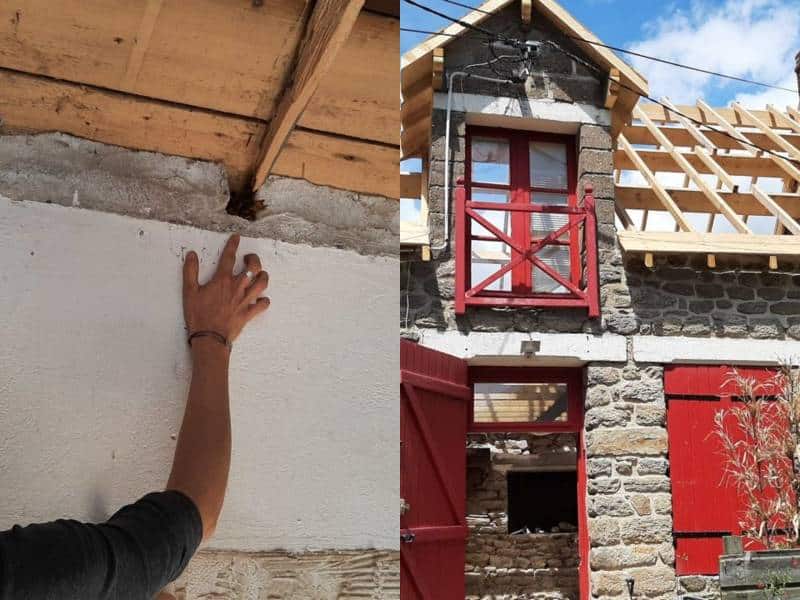 Maison en rénovation, main touchant un mur.