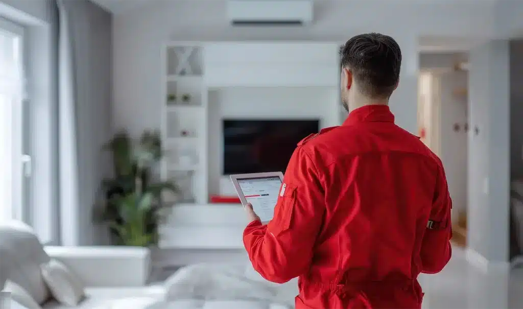 Technicien avec tablette dans un salon.
