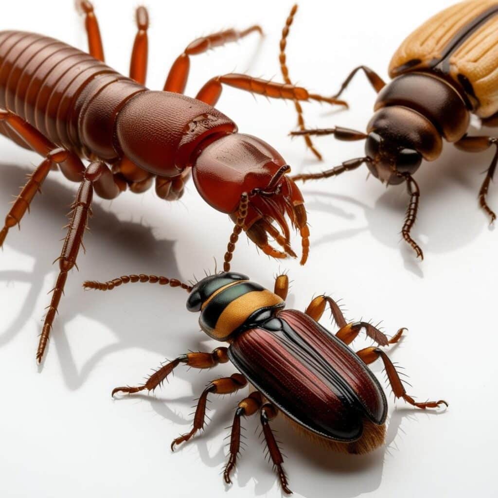 Trois insectes colorés sur fond blanc.