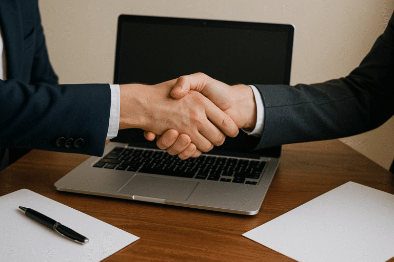 Poignée de main devant ordinateur portable.