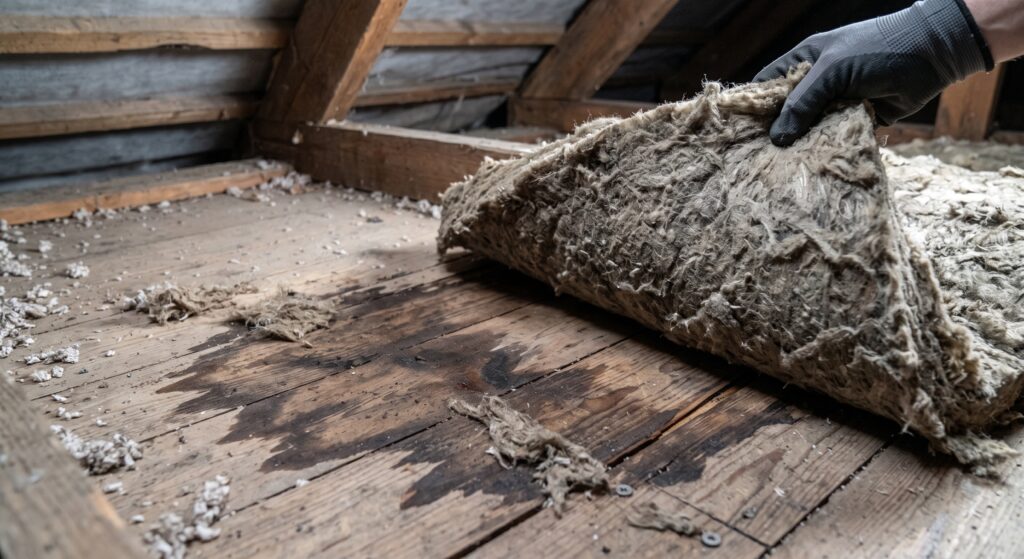 Ancien isolant tassé soulevé dans un comble perdu, laissant apparaître une trace d’humidité sur le plancher.