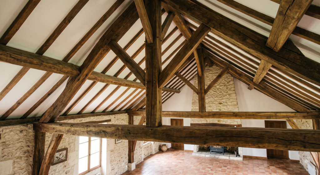 charpente en chêne apparente dans un séjour de maison ancienne, sans faux plafond pour passer des gaines de ventilation.