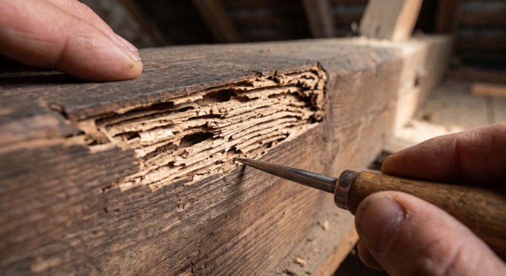 Sondage au poinçon d’une panne de charpente révélant le bois évidé par les termites
