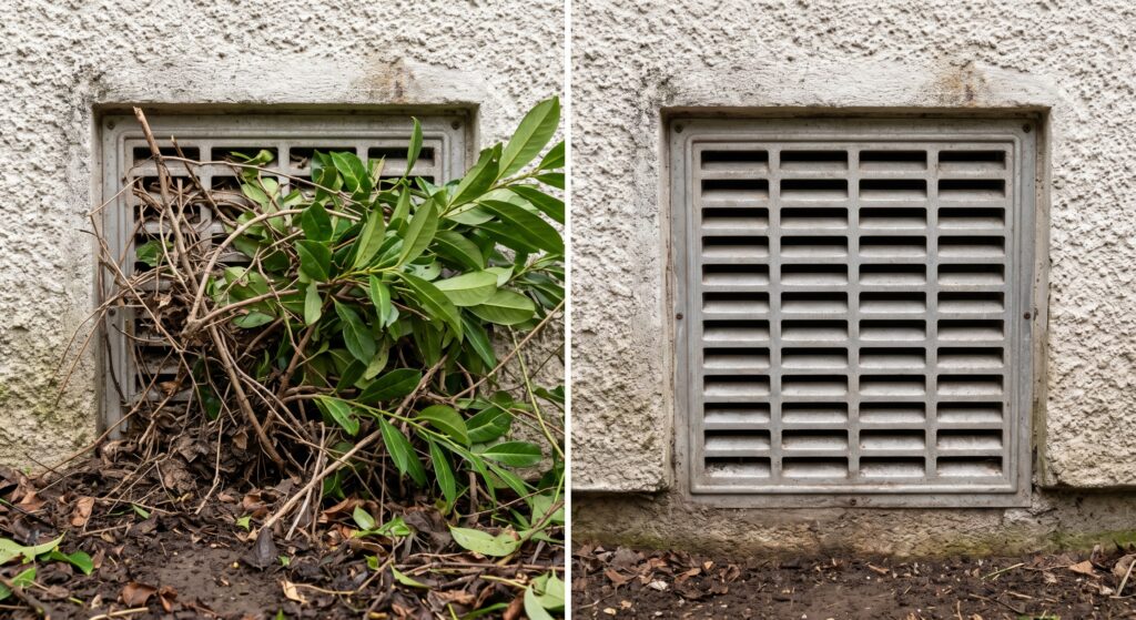 Grille de ventilation de vide sanitaire obstruée par la végétation en pied de mur.