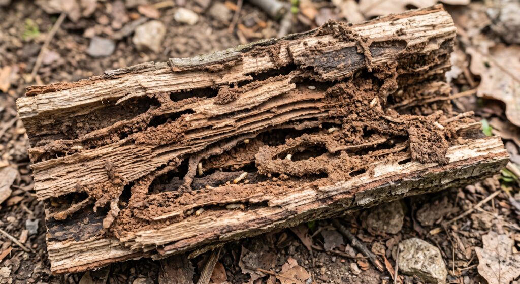 pièce de bois fendue montrant les galeries tapissées de terre et l’aspect feuilleté caractéristique.