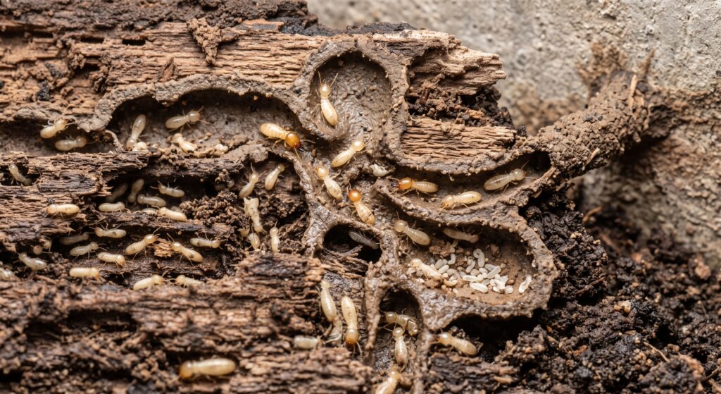 Galeries de termites creusées à l’intérieur d’une lambourde de plancher